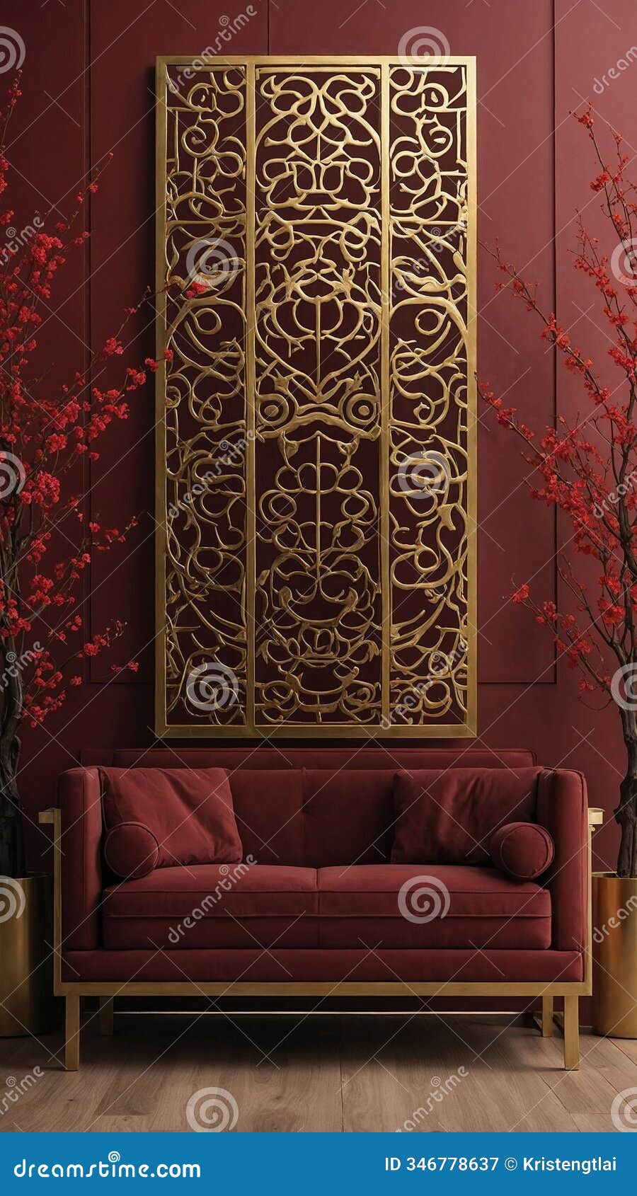 luxurious red and gold interior with cherry blossoms and ornate gold screen, blending traditional and modern aesthetics.